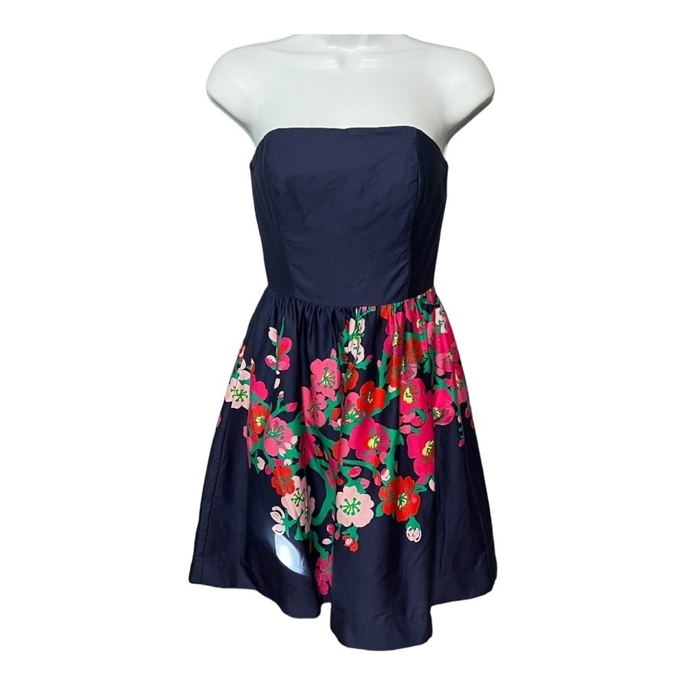 Lilly Pulitzer Lottie Strapless Mini Dress 00 Navy Sateen Floral Corset Cotton